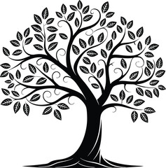 Obraz premium Decorative Tree Silhouette with Curved Branches and Leaves