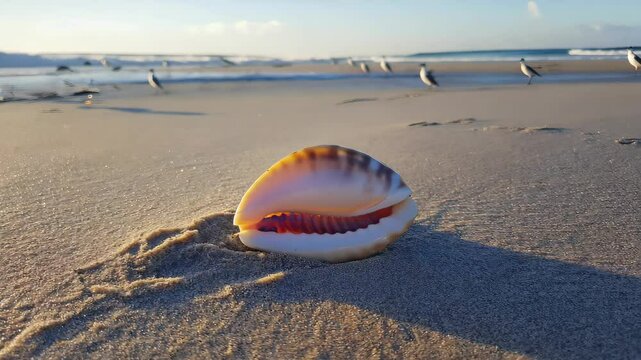 Beautiful shell resting on sandy beach during sunset near ocean waves in coastal paradise
