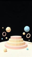Pastel geometric spheres and rings floating around a tiered podium abstract
