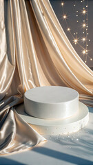 Pearl white round platform draped with satin fabric image