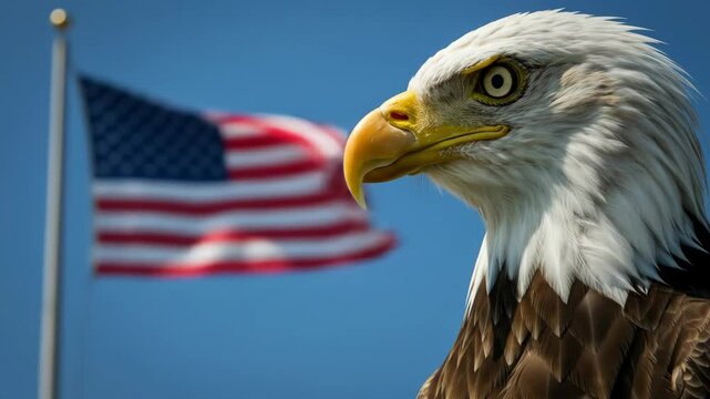 Bald eagle with american flag background