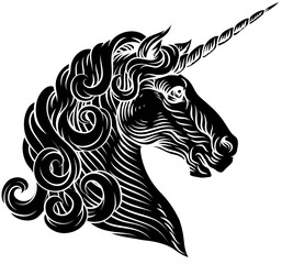 Unicorn horse head, an original illustration in a retro woodcut etching vintage style