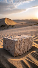 Rough stone podium on rippled sand dunes at sunset desert