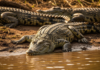 Obraz premium Close-up of crocodiles sunbathing by the river