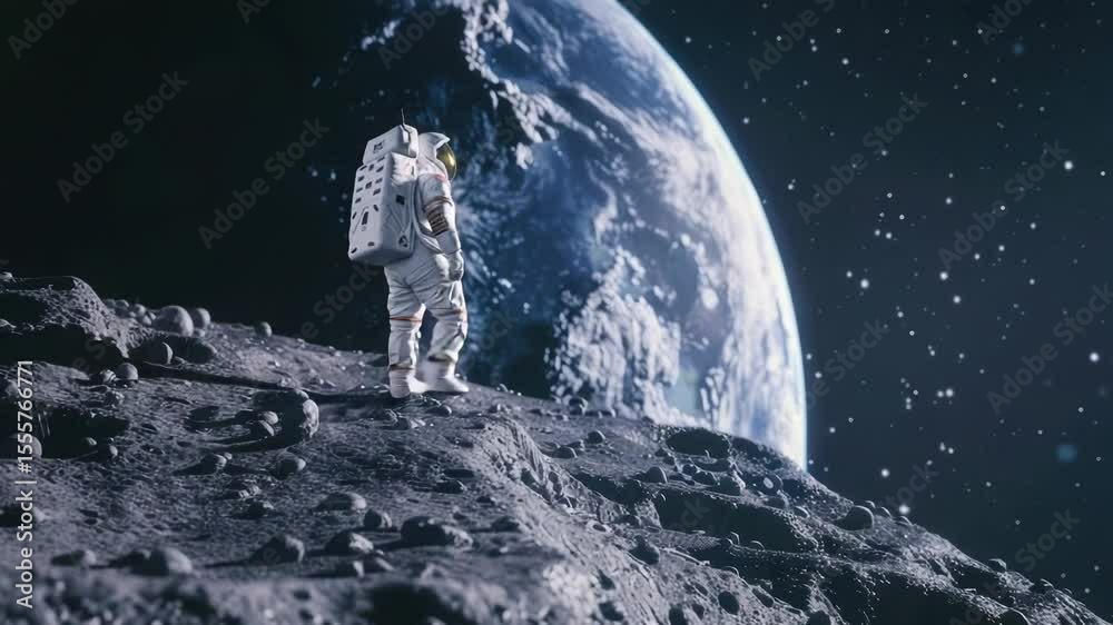 Poster An astronaut standing on the lunar surface with a flag in the background, ideal for space-related or science-themed projects