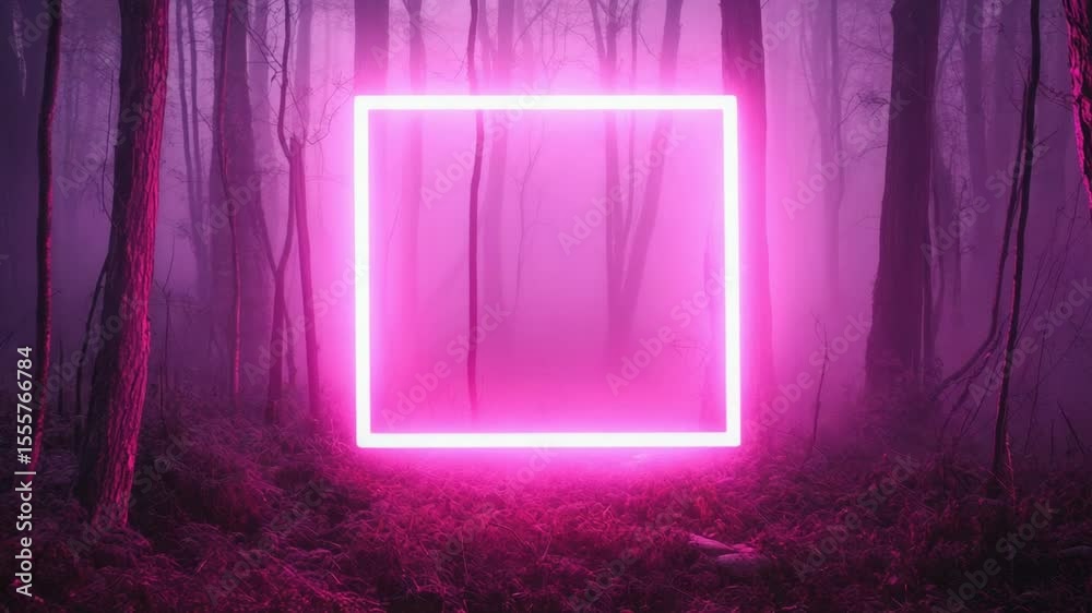 Poster A pink neon frame stands out among trees in a dense forest, perfect for use as a background or to highlight a message