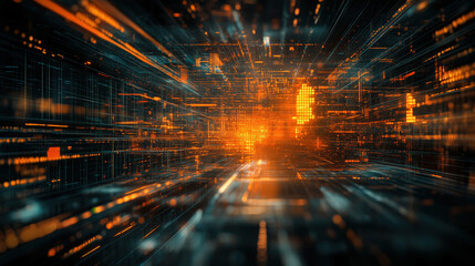 Abstract digital network displays futuristic orange and blue data, conveying high technology and dynamic energy.