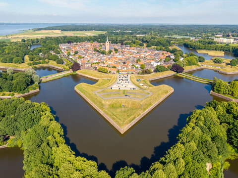 Aerial view of Naarden star fortress surrounded by moat in Netherlands