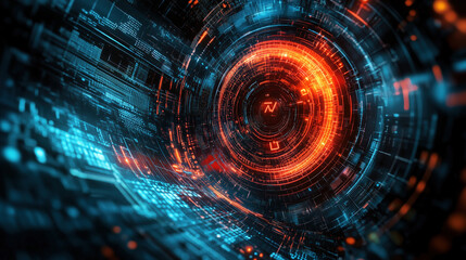 Mesmerizing tech visuals depict a futuristic data flow with glowing red and blue circuits in abstract designs.