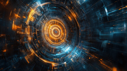 Mesmerizing abstract tunnel with glowing circles and intricate digital patterns evokes a sense of futuristic technology and immersive experience.