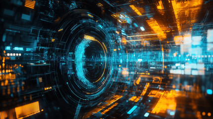 Stunning blue and orange digital artwork displays futuristic technology and abstract circular data streams, creating an advanced, high-tech vision.