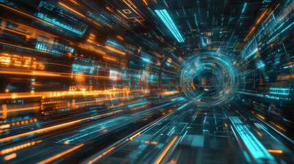 Futuristic data stream flows through a digital tunnel with neon lights, illustrating network technology and abstract cyberspace.