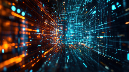 Vibrant data streams flow through a digital network, illustrating modern technology and abstract futuristic concepts with orange and blue colors.