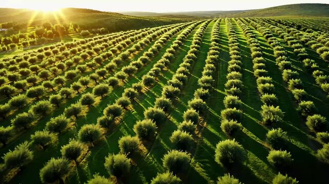 Aerial view of olive tree plantation showcasing rows and sunlight at golden hour, Olive tree plantation aerial panorama view Flying above garden rows