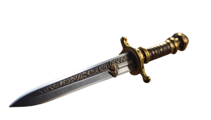 A Ancient Sword's Legacy: A finely crafted antique sword, gleaming with intricate details, lies in a stark, clean scene, its sharp blade hinting