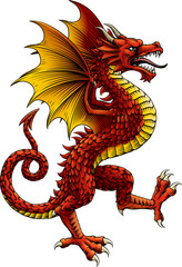 A heraldry coat of arms crest style heraldic wyvern dragon in a vintage woodcut style