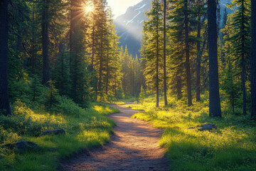 Photo of a forest trail leading through tall pine trees, with green grass and sunlight filtering through the leaves in summer at Monashee Lake National Park, British Columbia, Canada
