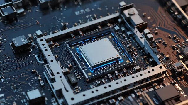 Close-up of a computer motherboard with a central processing unit installed in a tech workshop