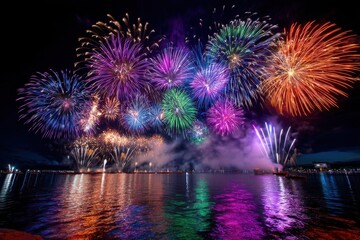 Colorful fireworks display lights up the night sky over a serene waterfront in summer celebration