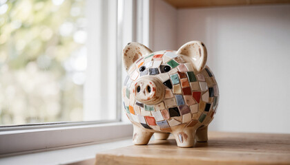 Mosaic piggy bank on wooden surface near window with natural light  