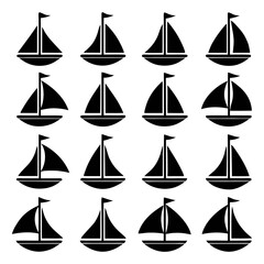 A pattern of sixteen black silhouette sailboat icons arranged in a grid format