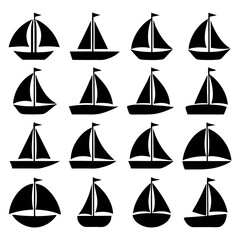 A grid of sixteen black silhouette images of sailboats with different sail shapes