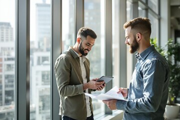Two men stand together by a window, looking at a tablet