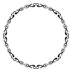 A decorative circular frame with repeating black swirl and eye shaped elements