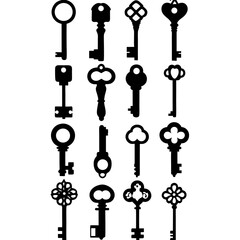 A collection of fifteen distinct black silhouette key designs arranged on white background