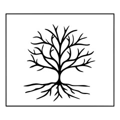 A stark black and white drawing of a bare tree with roots enclosed in a square frame