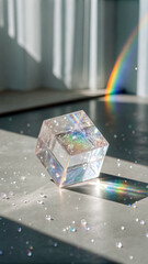 Translucent cube refracting rainbow light crystal