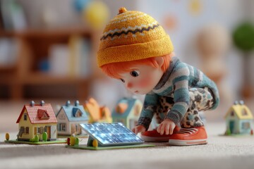Child Engaging with Miniature Solar Village Model in Playful Scene