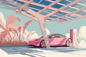 Pink Electric Car Charging under Solar Canopy with Stylized Foliage