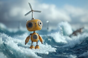 Cute Robot with Wind Turbine Hat in a Stormy Sea