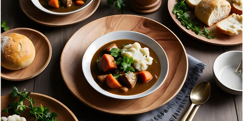 Bowl of Vegetable Soup on Plate Served Indoors in Cozy Setting

