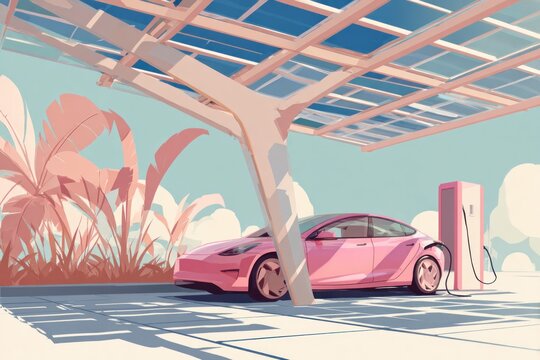 Pink Electric Car Charging under Solar Canopy with Stylized Foliage