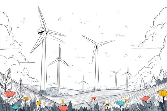 Sketch of Wind Turbines on Hills Framed by Colorful Wildflowers