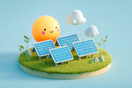 Miniature Diorama of a Solar Farm with a Cute Sun Character