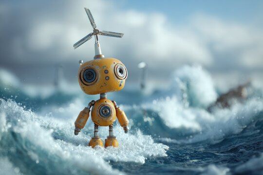 Cute Robot with Wind Turbine Hat in a Stormy Sea