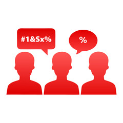 Three red silhouette figures with speech bubbles containing symbols and percentage