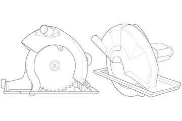 Set of outline vector Illustration of Circular Saw Power Tool. Cordless Handheld Electric Wood Cutter.