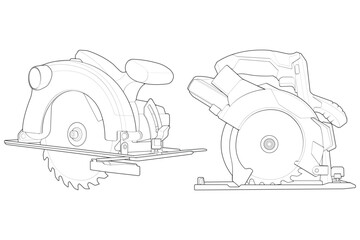 Set of outline vector Illustration of Circular Saw Power Tool. Cordless Handheld Electric Wood Cutter.