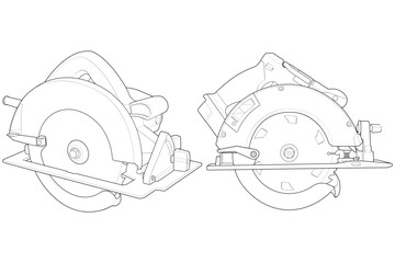 Set of outline vector Illustration of Circular Saw Power Tool. Cordless Handheld Electric Wood Cutter.
