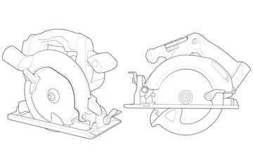 Set of outline vector Illustration of Circular Saw Power Tool. Cordless Handheld Electric Wood Cutter.
