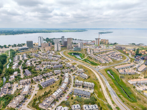Aerial of Almere Poort waterfront with housing and Marina Muiderzand