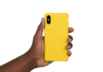 Isolated Hand Holding Yellow Smartphone in Case