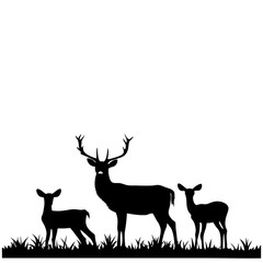 A silhouette of a deer family with a buck and two does standing in tall grass area
