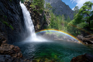 Fototapeta premium Majestic waterfall with rainbow over clear blue water in serene mountain landscape