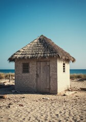 Small Thatched Beach Hut on Sandy Shore