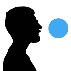 Silhouette of a man with a beard looking at a blue circle on a white background